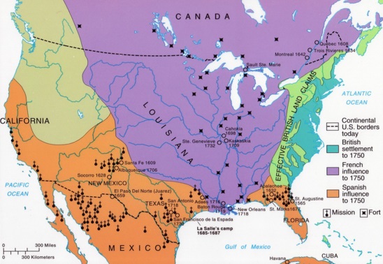 Territories dominated by France, Spain and Britain in 1750.