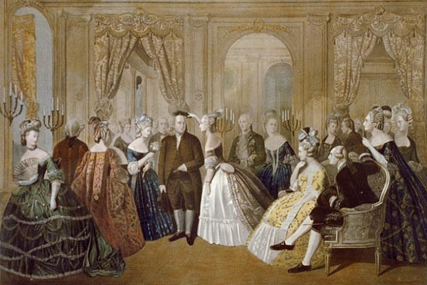 Franklin's appearance at the Court in Versailles on March 20, 1778. King Louis XVI approved the Treaty of Alliance between France and the United States. Library of Congress.